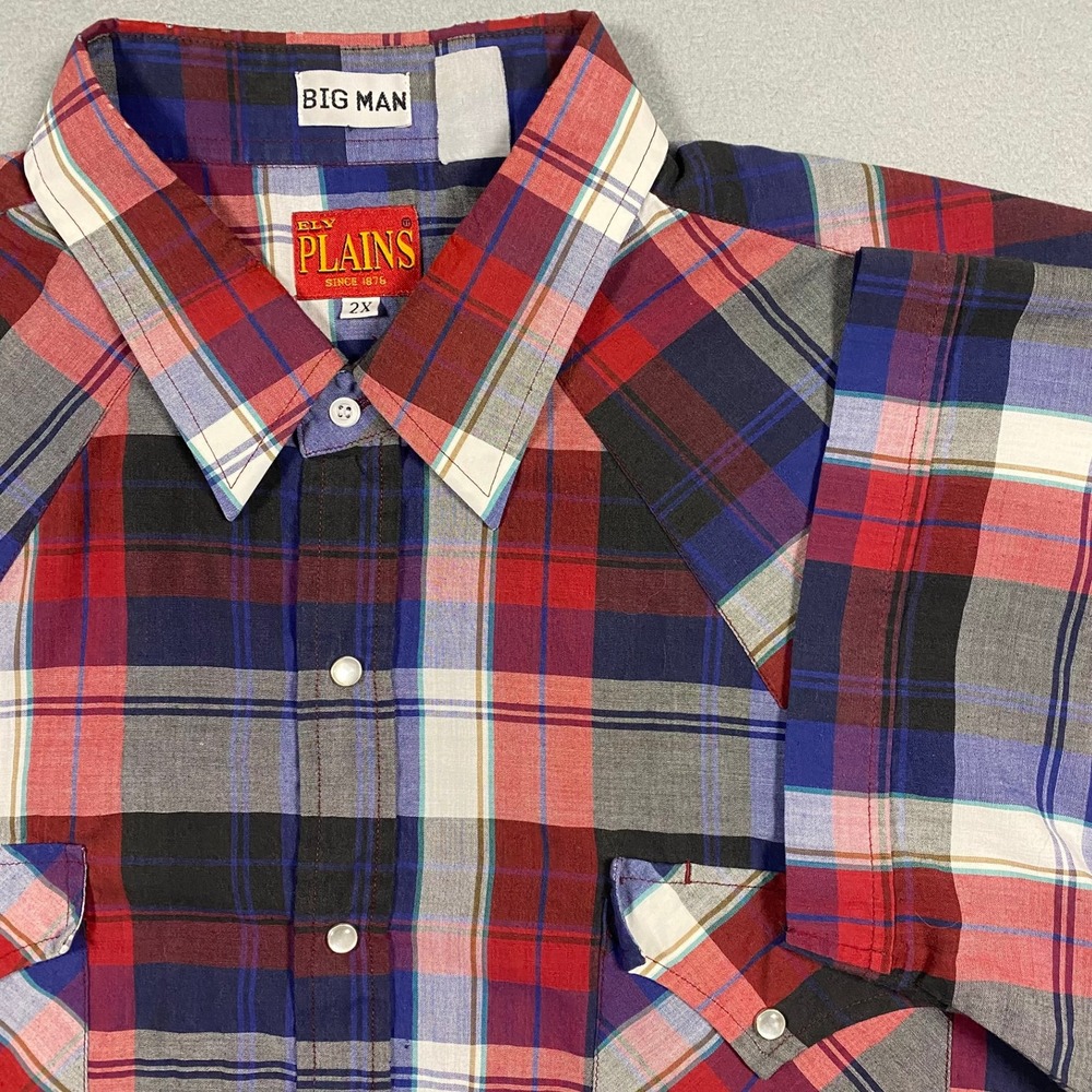 Ely Plains Mens Western Shirt 2X Big Man Plaid Pearl Snap Short Sleeve Red Blue